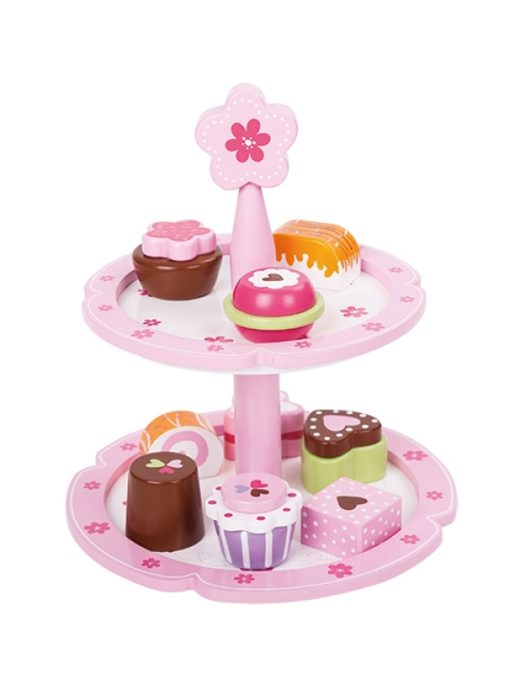Houten etagère met gebakjes en taartjes Houten etagère met gebakjes en taartjes